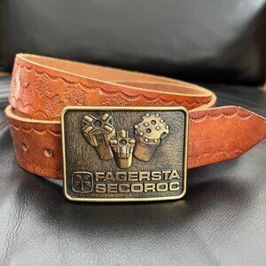 VINTAGE Belt Buckle Mining Drilling Fagersta Secoroc Leather Belt Maple Leaves